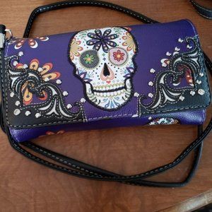 NEW~Purple Day Of The Dead Sugar Skull Crossbody Wallet Purse